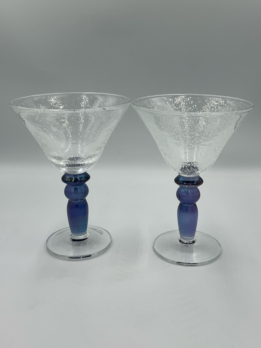 Vintage Pottery Barn Bubble Martini Glasses with Iridescent Blue Stems-Set of 2